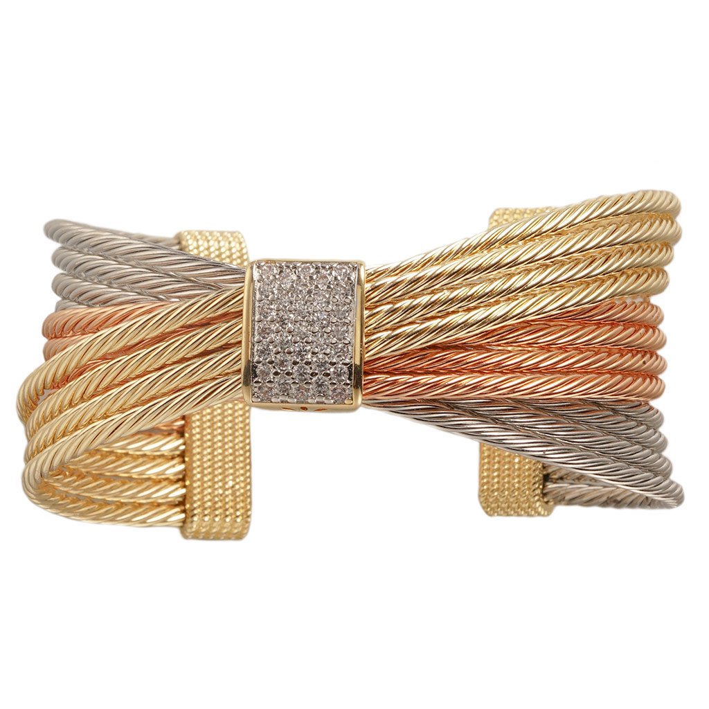 Tri-Color Cable Cuff Bracelet With Crystal Center Gold Silver 52$